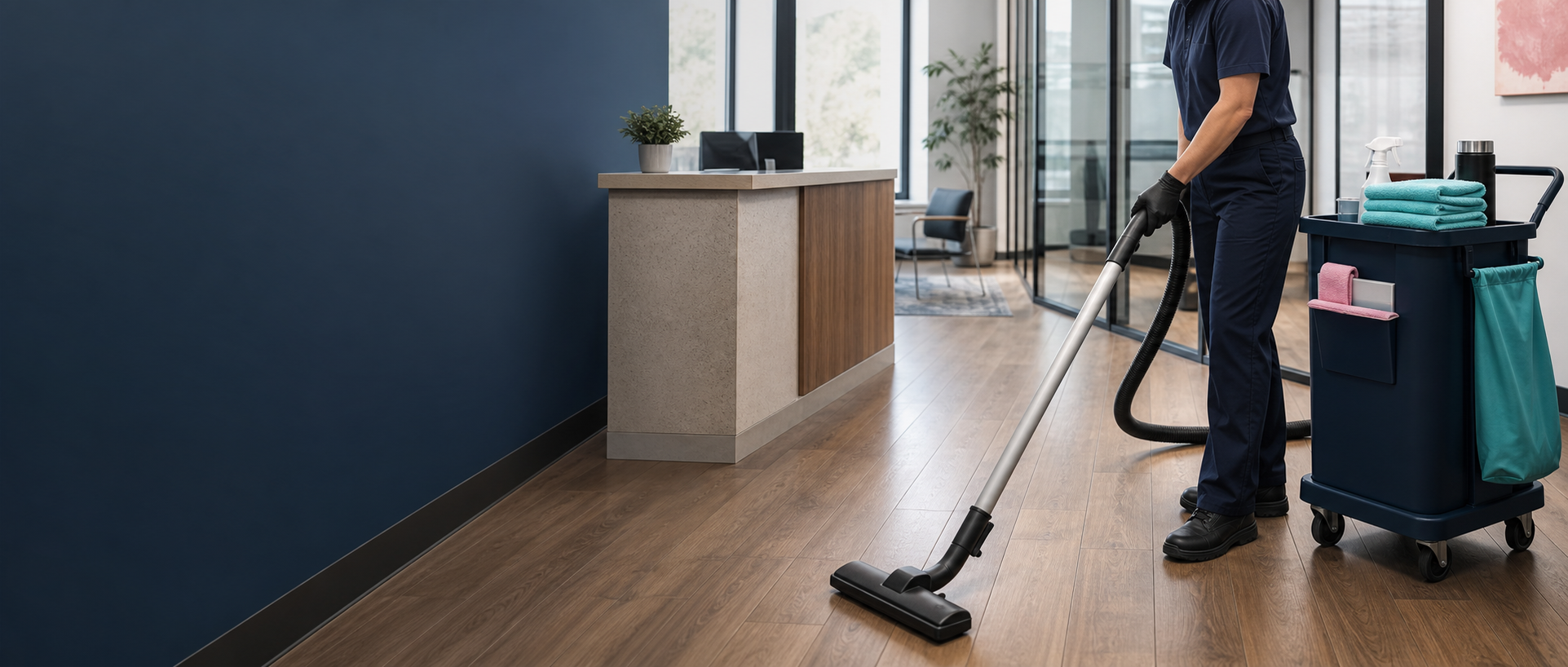 Professional commercial cleaner vacuuming a Richmond office reception area