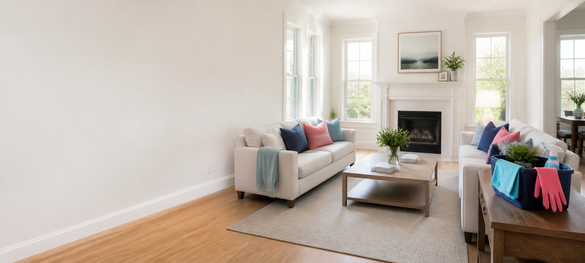 Professionally cleaned Richmond-area living room with organized cleaning supplies